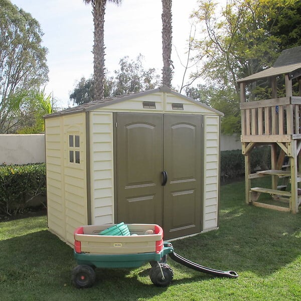 DURAMAX - Abri PVC Woodstyle PREMIUM - 4,13m² - Kit fondation + 1 fenêtre - Beige - large