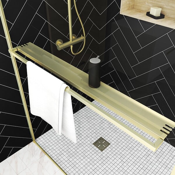 AURLANE - Paroi de Douche Or Doré Brossé 120x200cm - Porte-Serviette et Etagère - large