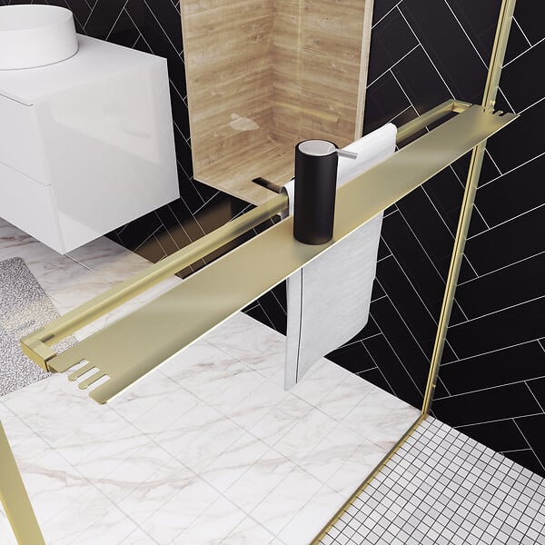 AURLANE - Paroi de Douche Or Doré Brossé 120x200cm - Porte-Serviette et Etagère - large