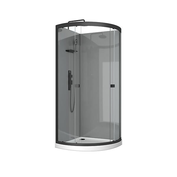 AURLANE - Cabine de douche 1/4 de cercle 90x90x207/222 cm - Receveur bas - Fonds Gris Profilés Noir Mat - FOGGY LOW - large
