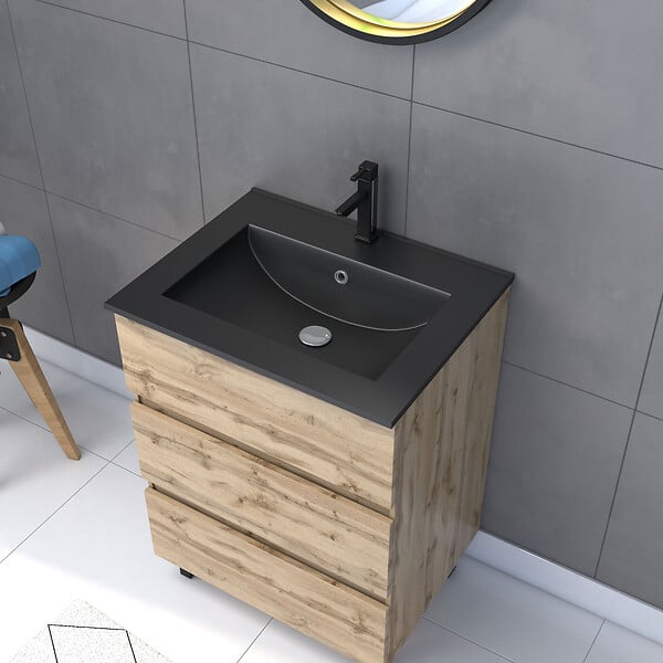 AURLANE - Pack Meuble SDB 60cm sur pieds 3 tiroirs Chene_Vasque noire + Miroir Barber - TIMBER 60 - Pack40 - large
