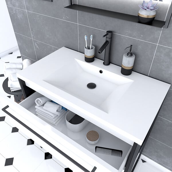 AURLANE - Meuble de salle de bain 80x50cm NOIR MAT - 2 tiroirs blanc - vasque blanche - STRUCTURA F034 - large