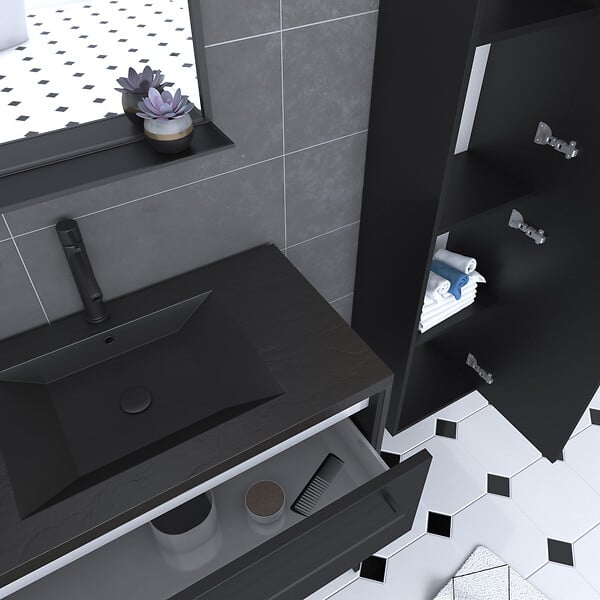 AURLANE - Pack meuble de salle de bain 80x50 cm Noir - 2 tiroirs - vasque noire - miroir - colonne suspendu - large
