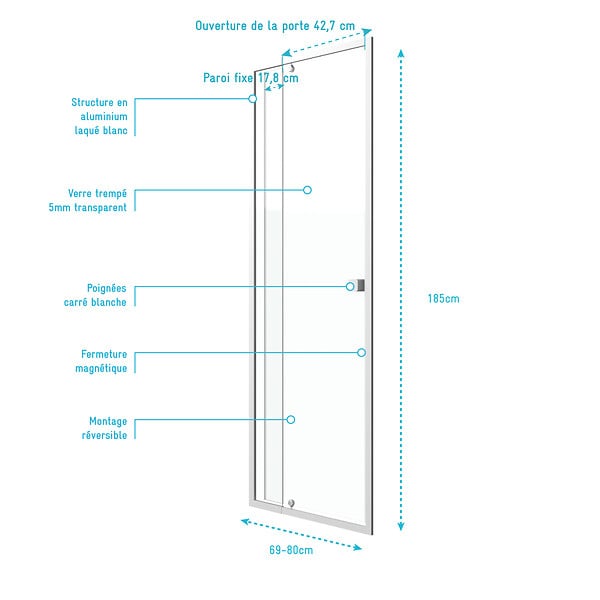 AURLANE - Porte de douche pivotante ajustable de 69 à 80cm en Alu. Blanc et verre transparent - WHITY PIVOT - large