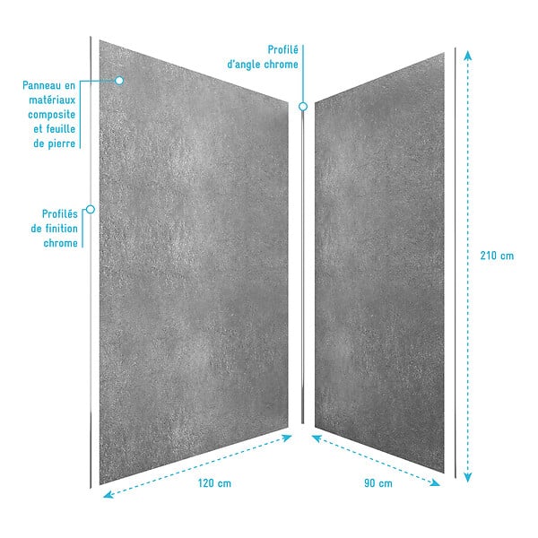 AURLANE - Pack de 2 Panneaux Muraux Pierre Silver Grey 90+120x210 cm avec Profilés ANODISE BRILLANT - STONE'IT - large