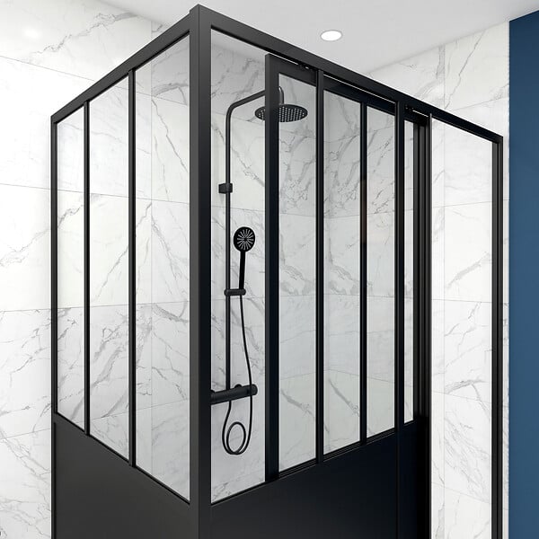 AURLANE - Porte de douche coulissante 140x200 cm + retour 90cm type atelier - PROFILE NOIR MAT - large