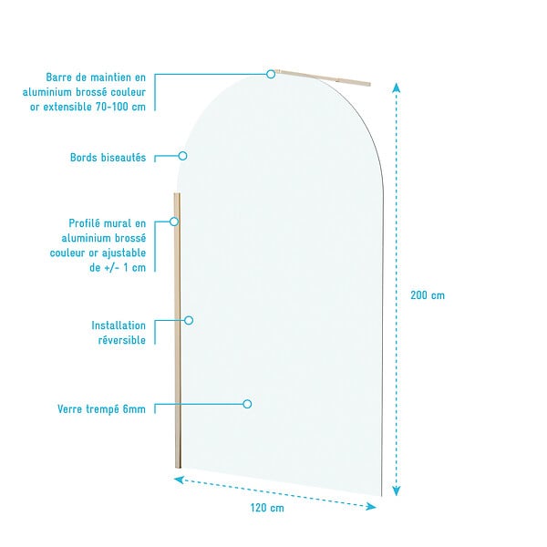 AURLANE - Paroi de Douche arrondie 120x200 cm - Profilé Or Doré Brossé - GOLDY CURVED - large