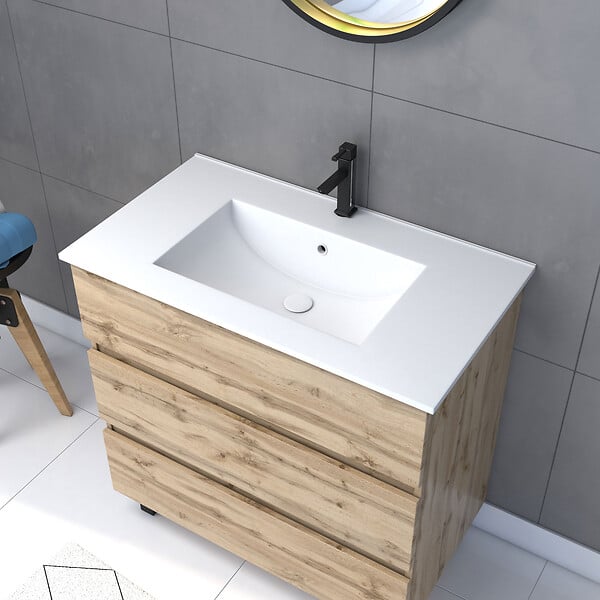 AURLANE - Pack Meuble SDB 80cm sur pieds 3 tiroirs Chene_Vasque blanche + Miroir Barber - TIMBER 80_Pack48 - large