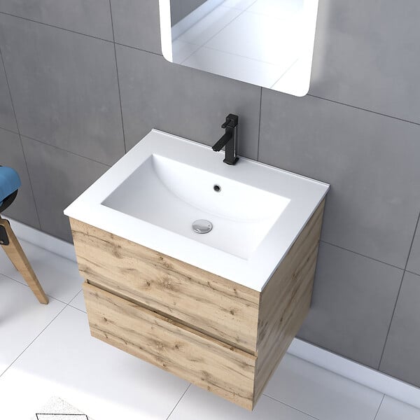 AURLANE - Pack Meuble SDB 60cm suspendu 2 tiroirs Chene_Vasque blanche + Miroir Led - TIMBER 60_Pack10 - large