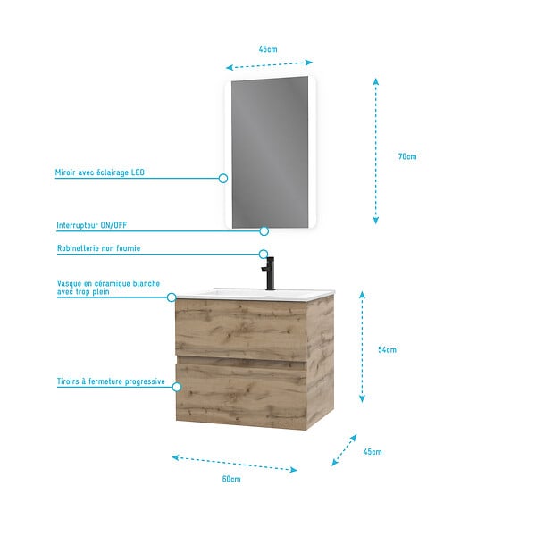 AURLANE - Pack Meuble SDB 60cm suspendu 2 tiroirs Chene_Vasque blanche + Miroir Led - TIMBER 60_Pack10 - large