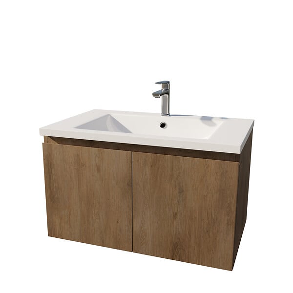 AURLANE - Meuble de salle de bains 80cm à Suspendre Décor Bois Clair - 2 Portes - Vasque Blanche - ELEMENTARY - large