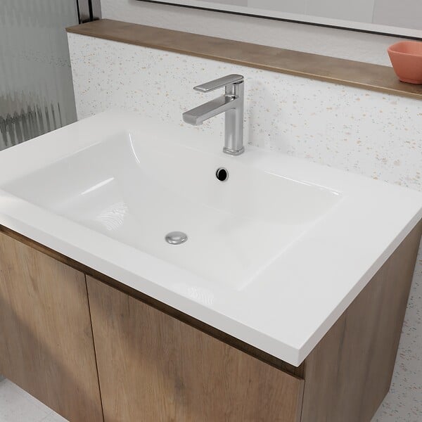 AURLANE - Meuble de salle de bains 80cm à Suspendre Décor Bois Clair - 2 Portes - Vasque Blanche - ELEMENTARY - large