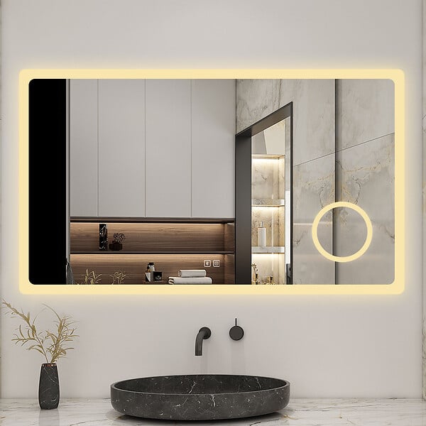 AICA SANITAIRE - Miroir lumineux loupe + bluetooth + tricolore + anti-buée 100x60cm salle de bain dimmable,mémoire,tactile,led - large