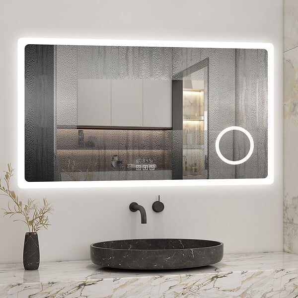 AICA SANITAIRE - Miroir lumineux Horloge + loupe + bluetooth + tricolore + anti-buée 120x70cm salle de bain dimmable,mémoire,tactile,led - large