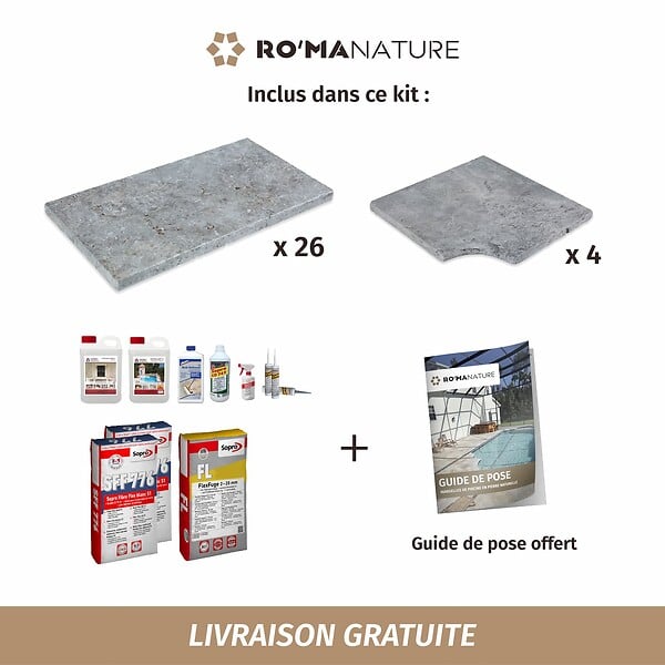 RO'MA NATURE - KIT COMPLET - Margelles pour piscine 4x4m en Travertin Gris (avec colle, joint, hydrofuge ...) - large