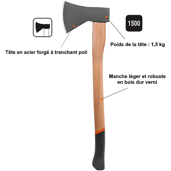 GT GARDEN - Hache avec manche en bois - 1,5 kg - large