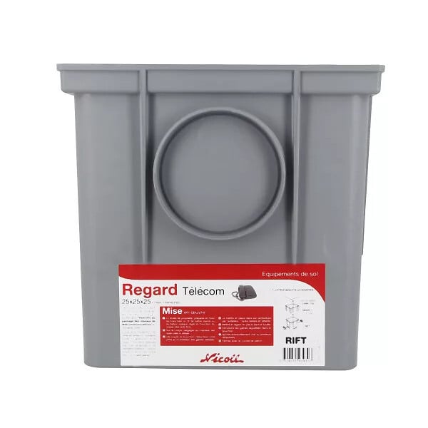 NICOLL - Regard d'interface Nicoll RIFT Télécom 25x25x25cm D10cm gris clair avec 2 bouchons réducteurs doubles - large