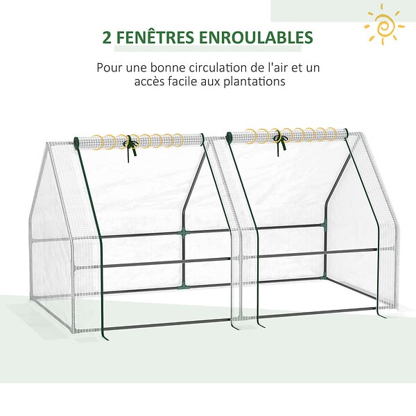 OUTSUNNY - Mini serre de jardin serre à tomates 180L x 90l x 90H cm acier PE haute densité 140 g/m² anti-UV 2 fenêtres avec zip enroulables blanc - large