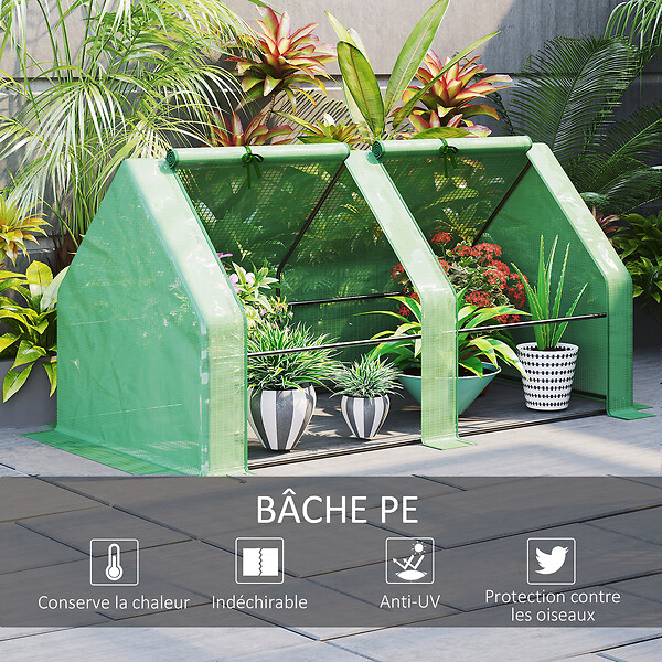 OUTSUNNY - Mini serre de jardin serre à  tomates dim. 180L x 90l x 90H cm acier PE haute densité 140 g/mÂ² anti-UV 2 fenêtres zippées enroulables vert - large