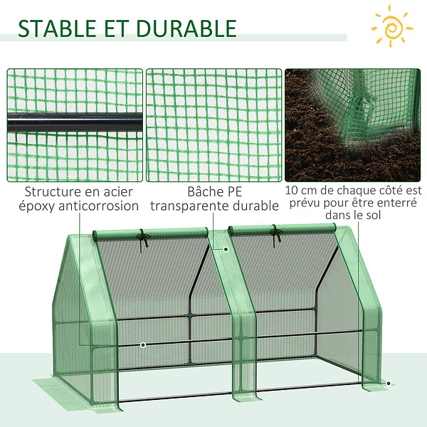 OUTSUNNY - Mini serre de jardin serre à  tomates dim. 180L x 90l x 90H cm acier PE haute densité 140 g/mÂ² anti-UV 2 fenêtres zippées enroulables vert - large