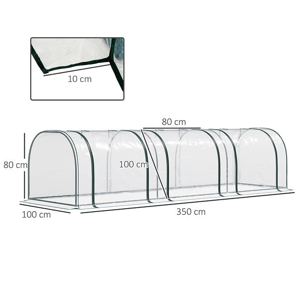 OUTSUNNY - Serre de jardin tunnel 3,5L x 1l x 0,8H m 3 portes zippées bâche PVC transparent métal époxy vert - large