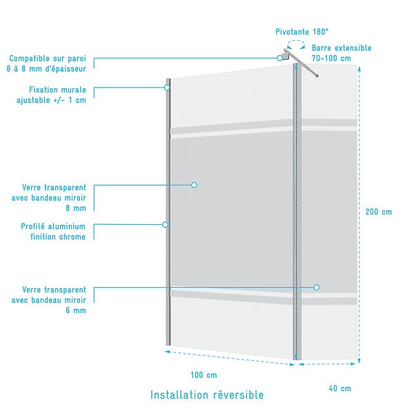 AURLANE - Paroi de Douche et Volet Pivotant 100+40x200 cm - Bandeau Miroir - Barre de Fixation Chrome - large