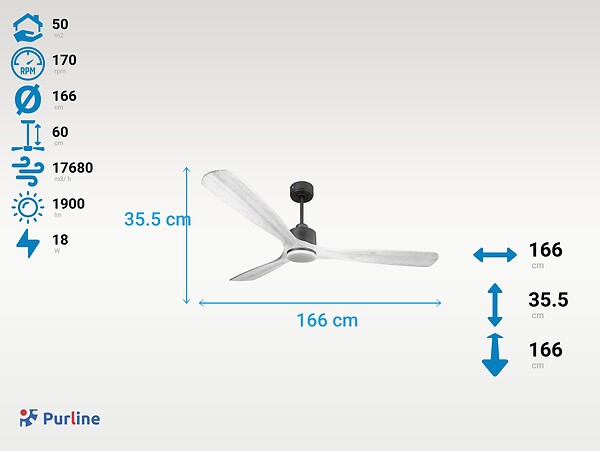 PURLINE - Ventilateur de plafond Réversible  Thermostat Dimmable Wifi Moteur à courant continu Toits en pente Télécommande Lumière à trois tons Hypersilence Mémoire - large