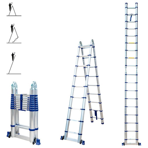 HOSTRÃ–M - Echelle télescopique articulée 5,6m STEMPAKT, escabeau 2x9 marches pliable professionnel multifonction, H max travail 6,5m, garantie 5 ans, Hoström - large