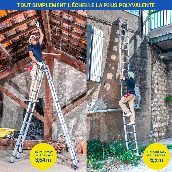 HOSTRÃ–M - Echelle télescopique articulée 5,6m STEMPAKT, escabeau 2x9 marches pliable professionnel multifonction, H max travail 6,5m, garantie 5 ans, Hoström - large