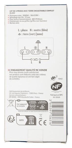 MC KENZIE - Prise 16A 2P+T Simply - Blanc - Lot de 5 - large