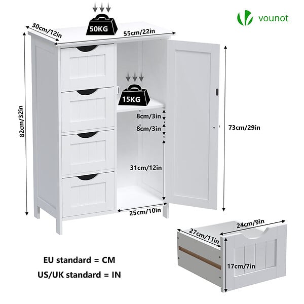 VOUNOT - Meuble de salle de bain rangement 4 tiroirs 1 porte 82x55x30cm blanc - large