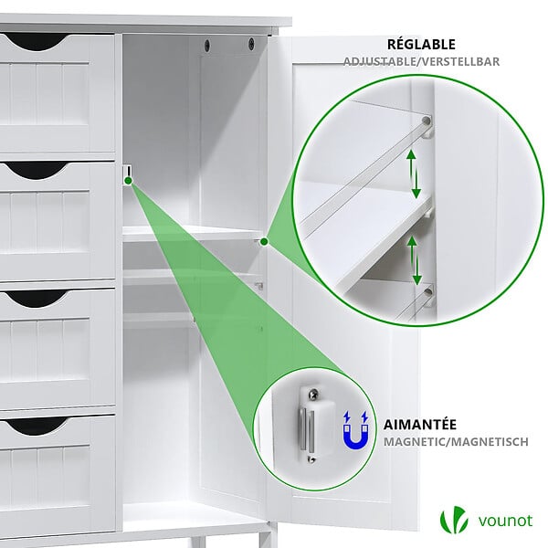 VOUNOT - Meuble de salle de bain rangement 4 tiroirs 1 porte 82x55x30cm blanc - large