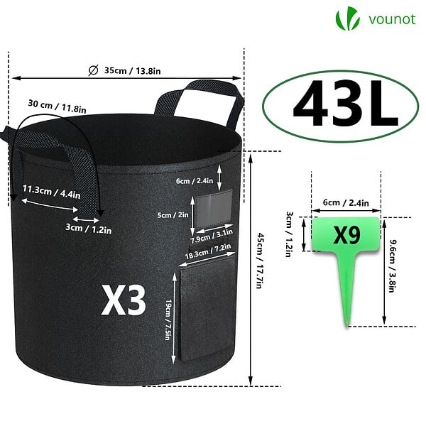 VOUNOT - Lot de 3 sacs de plantation non tisse avec fenetre velcro et poignee 43L Noir - large