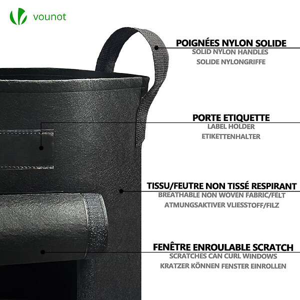 VOUNOT - Lot de 3 sacs de plantation non tisse avec fenetre velcro et poignee 43L Noir - large