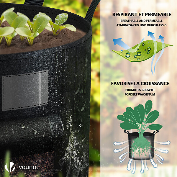 VOUNOT - Lot de 3 sacs de plantation non tisse avec fenetre velcro et poignee 43L Noir - large