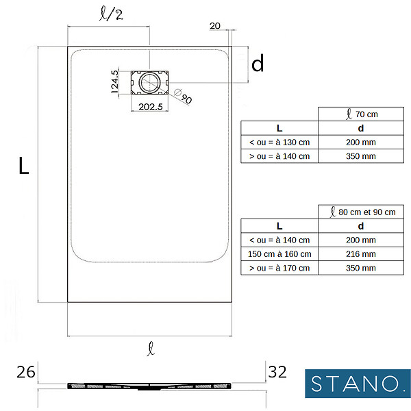 STANO - Receveur de douche 90 x 180 cm extra plat blanc PIATTO en SoliCast® surface ardoisée - large