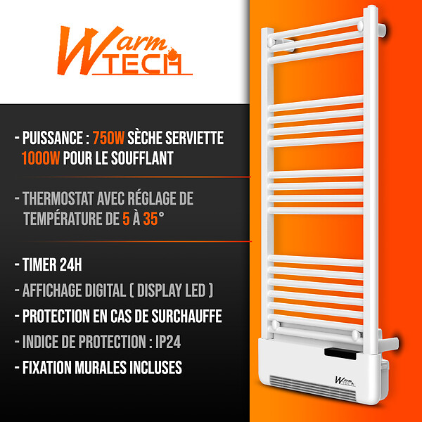 WARM TECH - Radiateur sèche serviettes avec fluide 750W + soufflerie 1000W - large