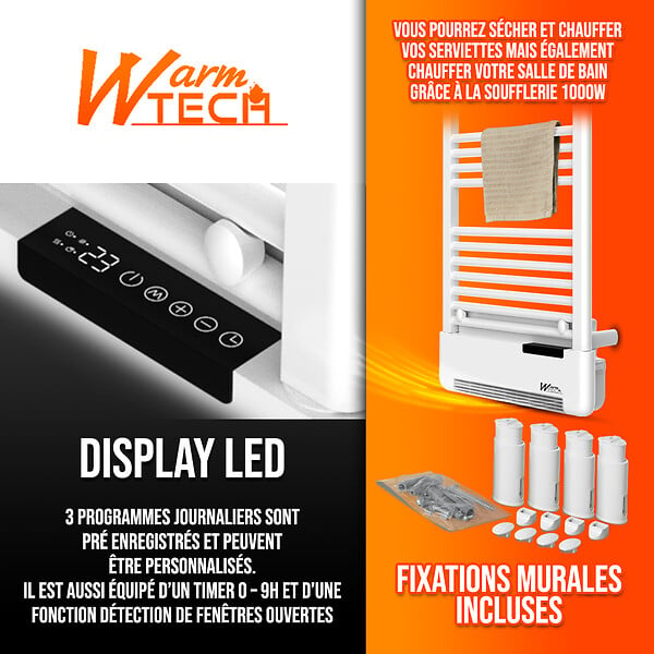 WARM TECH - Radiateur sèche serviettes avec fluide 750W + soufflerie 1000W - large