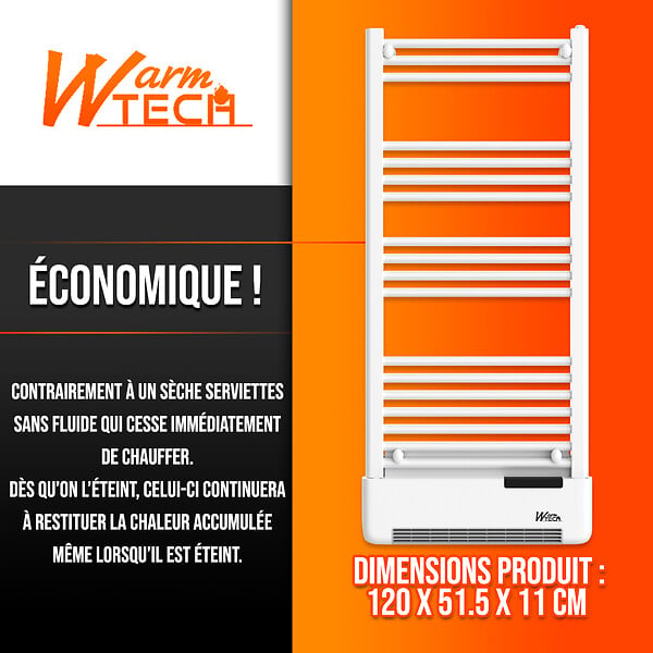 WARM TECH - Radiateur sèche serviettes avec fluide 750W + soufflerie 1000W - large
