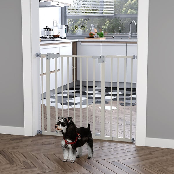 PAWHUT - Barrière de sécurité animaux - longueur réglable dim. 74-97,5 cm - porte double verrouillage, ouverture double sens -sans perçage - acier plastique blanc - large