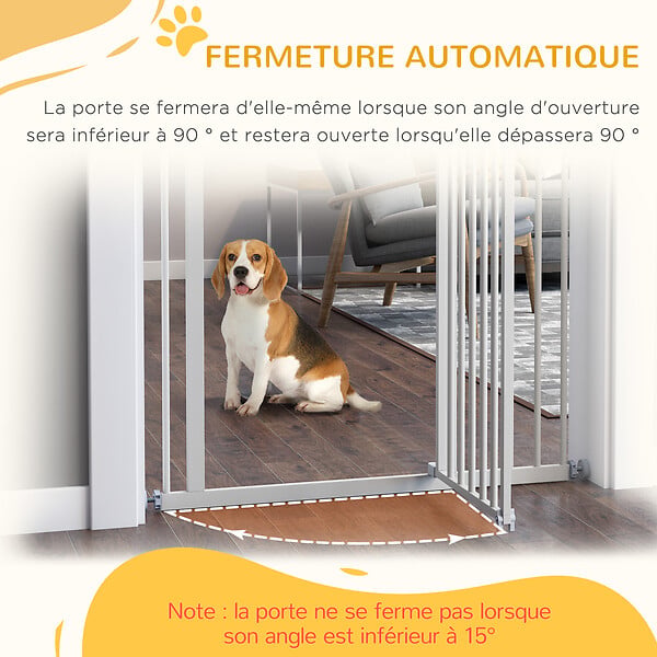 PAWHUT - Barrière de sécurité animaux - longueur réglable dim. 74-97,5 cm - porte double verrouillage, ouverture double sens -sans perçage - acier plastique blanc - large
