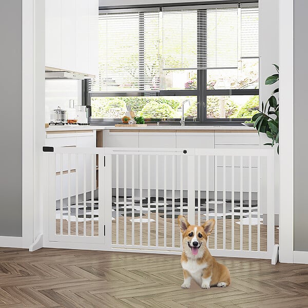 PAWHUT - Barrière de sécurité chien barrière autoportante longueur réglable porte verrouillable intégrée dim. 113-166L x 36l x 71H cm sapin blanc - large