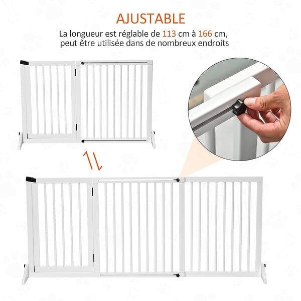 PAWHUT - Barrière de sécurité chien barrière autoportante longueur réglable porte verrouillable intégrée dim. 113-166L x 36l x 71H cm sapin blanc - large