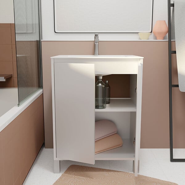 AURLANE - Pack Meuble Salle de Bains 60 cm Laqué Blanc, 2 portes avec Vasque Céramique - XENOS - large
