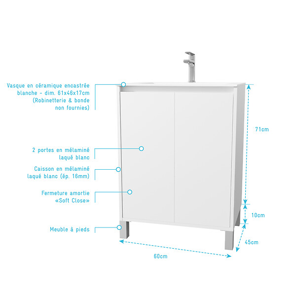 AURLANE - Pack Meuble Salle de Bains 60 cm Laqué Blanc, 2 portes avec Vasque Céramique - XENOS - large
