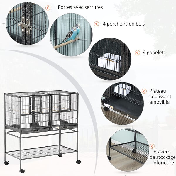 PAWHUT - Cage à oiseaux avec séparation mangeoire et perchoir 95L x 45l x 102H cm Noir et Gris - large