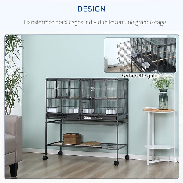 PAWHUT - Cage à oiseaux avec séparation mangeoire et perchoir 95L x 45l x 102H cm Noir et Gris - large