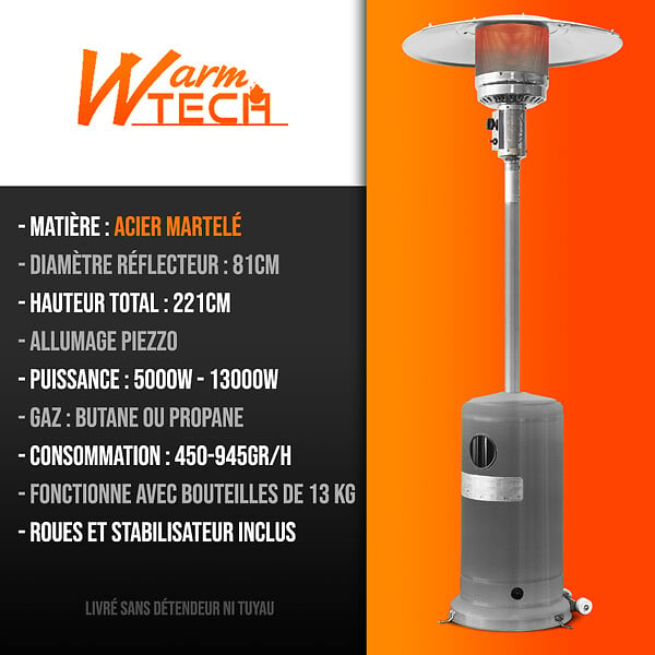 WARM TECH - Chauffage de terrasse au gaz 13Kw avec roues - large