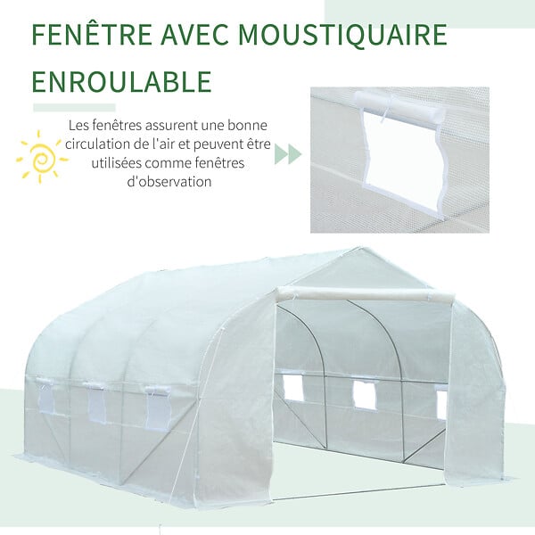OUTSUNNY - Serre tunnel de jardin dim. 4,45L x 2,99l x 2H m porte + 6 fenêtres enroulables acier galvanisé bâche PE haute densité blanc - large