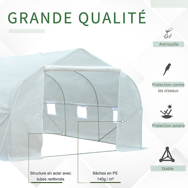 OUTSUNNY - Serre tunnel de jardin dim. 4,45L x 2,99l x 2H m porte + 6 fenêtres enroulables acier galvanisé bâche PE haute densité blanc - large